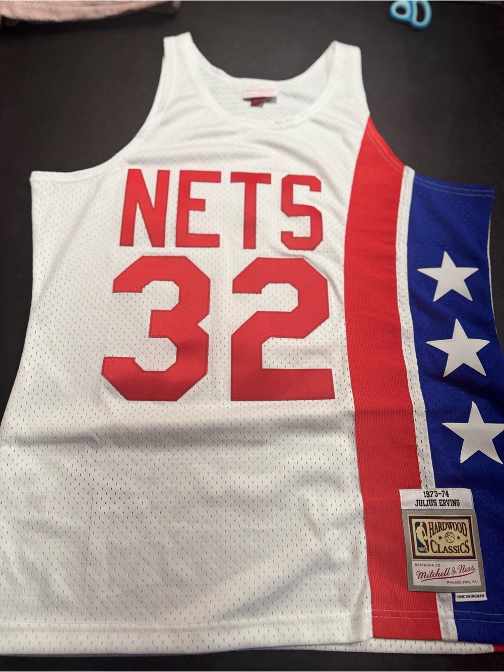 Mitchell & Ness White Red Blue Nets #32 Hardwood Classics Jersey